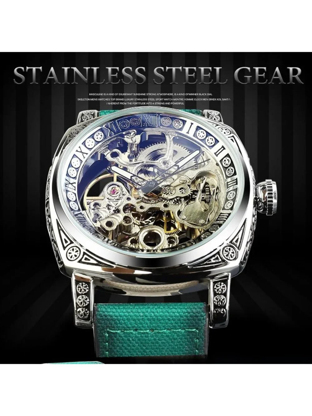 Men's Green Square Mechanical Leather Strap Self-Wind Carved Automatic Watch